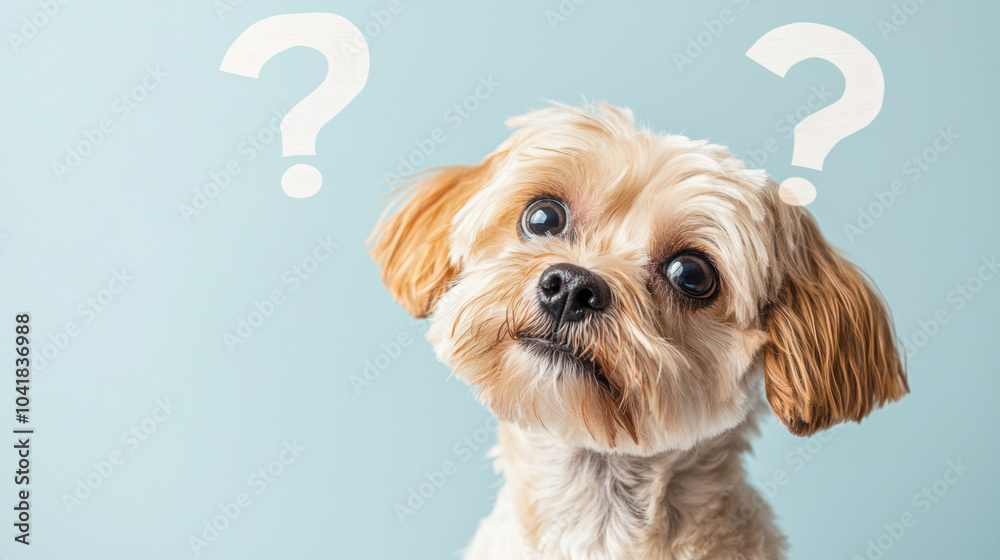 Small dog with tilted head and two question marks above, conveying ...