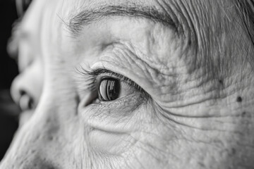 A senior Japanese woman eye with a well-defined eyebrow groomed to perfection using a pencil, blending natural and bold styles. The clean arch adds a touch of sophistication to her look.