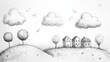 © Анатолий Сав - A whimsical hand-drawn illustration features simple objects like fluffy clouds, playful trees, and cozy houses against rolling hills. Generative AI
