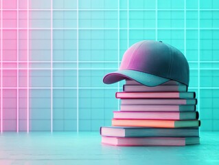 Poster - Bachelor cap floating above stacked books, glowing neon lights, futuristic background, 3D render, vibrant colors