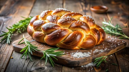 A freshly baked braided loaf of bread, dusted with flour and resting on a rustic wooden cutting board, surrounded by sprigs of rosemary.