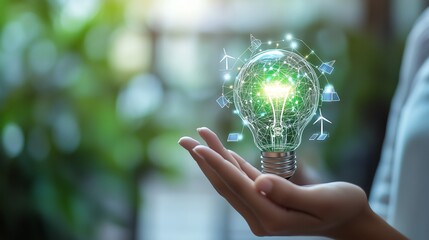 Wall Mural - a hand holds a glowing light bulb, symbolizing innovation and sustainable ideas against a blurred na
