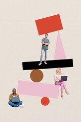 Poster - Vertical photo collage of happy business girl guys freelancer partners shape progress type laptop colleagues isolated on painted background