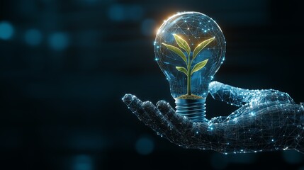 Wall Mural - digital hand holding a glowing light bulb with a plant inside, symbolizing innovation, growth, and s