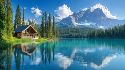 Poster - A cabin is situated on the shore of a lake, with mountains in the background