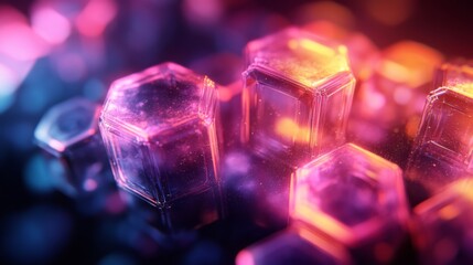 Poster - The scene features hexagonal crystals shimmering in various shades of purple and orange. The vibrant colors create a stunning visual effect, resembling a dreamlike landscape.