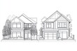 © 2D Illustration - a set of black and white outline drawing of suburban houses, simple style, white background