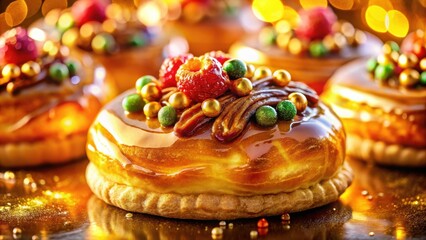 Poster - Caramel-Glazed Pastries Adorned with Raspberries, Pecan Pieces, and Sprinkles, Glimmering under Golden Lights