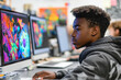 © wolfhound911 - An African American student in high school is deeply focused on creating imaginative digital art using AI technology. The colorful screens and advanced tools symbolize the transformative power of the