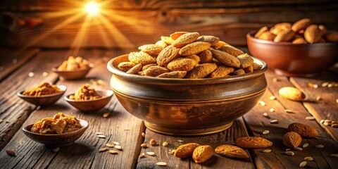 Poster - A bowl filled with almonds, scattered on a wooden table, with a warm glow of sunlight streaming through the background.