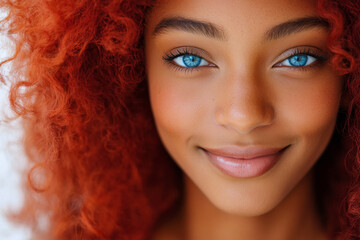 A young African American woman with radiant red hair and bright blue eyes poses for a close-up portrait, her confident smile capturing the essence of modern beauty and vibrancy.