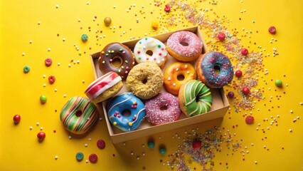Poster - A Colorful Collection of Glazed Donuts in a Cardboard Box Surrounded by Sprinkles and Candy on a Vibrant Yellow Background