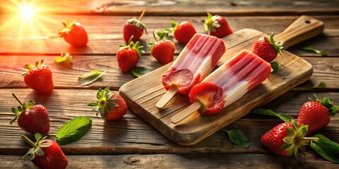 Poster - Strawberry popsicles on a wooden board with fresh strawberries and green leaves in the summer sun