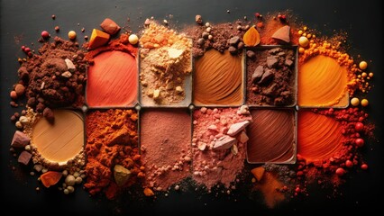 Aufkleber - A Palette of Earthy Hues A Vibrant Display of Natural Pigments in a Grid Arrangement on a Dark Background