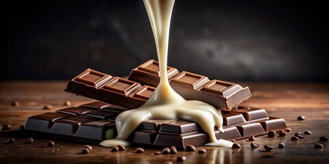 Aufkleber - A smooth stream of creamy liquid gracefully cascades over a collection of rich chocolate bars, creating a decadent and visually appealing scene.