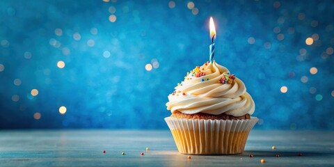 Poster - A single cupcake with a lit candle sits on a wooden surface against a blurred blue background with scattered colorful sprinkles.