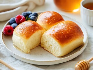 Wall Mural - French brioche buns, golden and buttery, arranged on a plate with a side of honey and fruit, symbolizing French breakfast delights