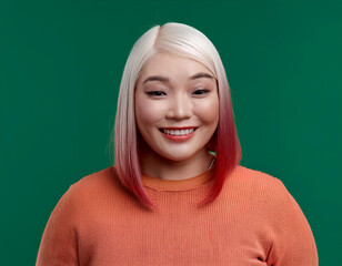 Wall Mural - Portrait of Beautiful Young Woman Happily Smiling Against Studio Background