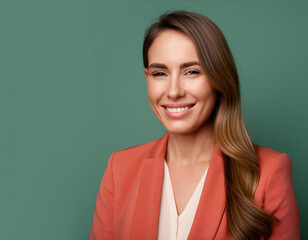 Wall Mural - Portrait of Beautiful Young Woman Happily Smiling Against Studio Background