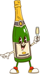 Aufkleber - Cartoon groovy champagne bottle Christmas character celebrates party. Isolated vector sparkling wine retro personage holding a glass rejoice with happy smile, embodying carnival vibe of 60s or 70s