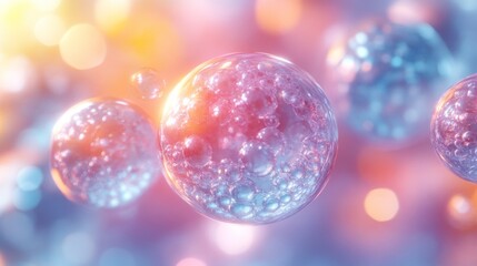 Aufkleber - Bubbles cluster together and float gracefully in a soft pastel-colored environment filled with warm light, creating a whimsical atmosphere.