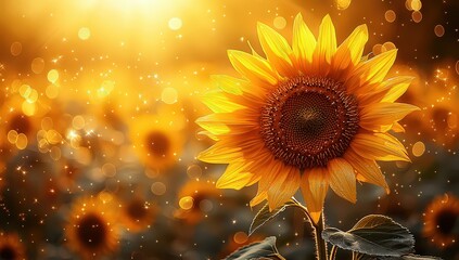 Wall Mural - A vibrant sunflower in full bloom, bathed in the golden glow of sunlight with a bokeh effect in the background. 