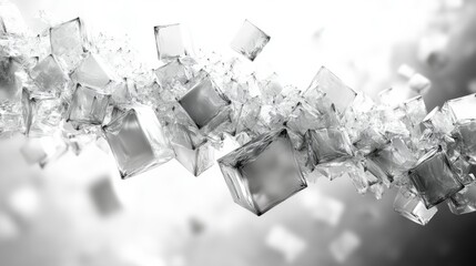 Aufkleber - Translucent ice cubes are suspended in mid-air, creating an abstract arrangement against a soft, glowing background, highlighting their crisp edges and reflections.
