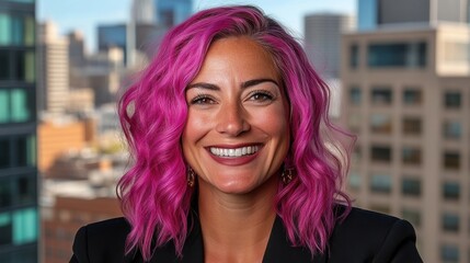 Joyful Professional with Pink Hair in City Background