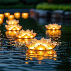 Wall Mural - Floating Lotus Lanterns on Water at Dusk.