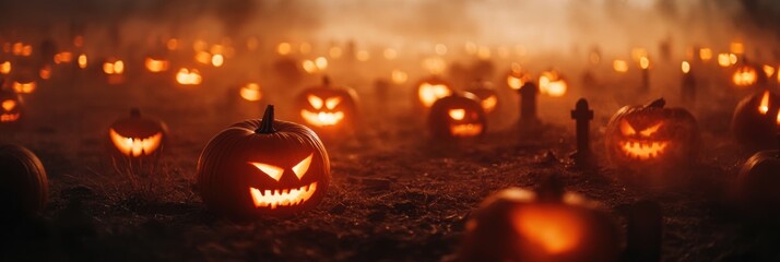 Halloween holiday carved pumpkins background closeup view