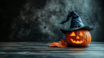 Halloween holiday carved pumpkin wearing witch hat closeup view