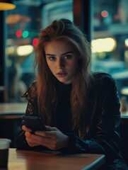 Wall Mural - Contemplative Young Woman in Cafe