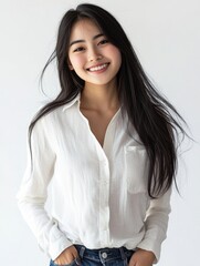 Poster - Elegant Young Woman in White Blouse Smiling