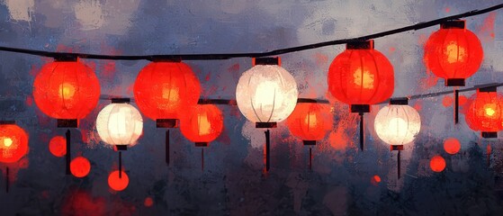 Wall Mural - Red and White Lanterns Hanging Against a Dark Background.