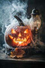 Halloween holiday carved pumpkin with smoke background