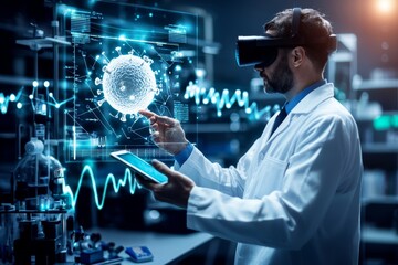 Using a tablet and a headpiece, a man in a lab coat wears a biopunk headpiece when he accesses a virtual interface on the tablet