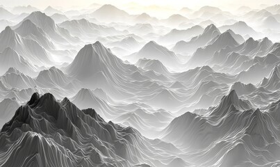 Poster - Black and white photo of a mountain range with fog in the air and bright sun above it. Stock