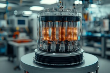 Poster - The picture shows a futuristic quantum computer in the center of a data center with glowing lights and connections on the background.