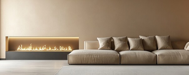 Aufkleber - The interior design of this modern luxury living room has a fireplace and an empty white mockup wall background in 3D.