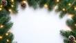 © CLOVER BACKGROUND - Festive Pine Branch Frame with Lights and Pinecones