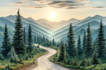 Poster - Top view of a mountainous road in a dark green forest from an aerial viewpoint,