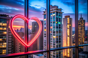 A glowing neon heart decorates a modern window, framing a vibrant city skyline at sunset.