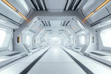 Fototapete - Abstract white hi-tech display background, empty space scene, spaceship, dark night, VR, futuristic sci-fi tunnel background, studio for mock up using generative AI.
