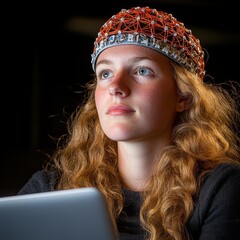 Tech Savvy Woman Analyzing Data with Focused Expression