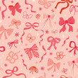 © Tani Kuzminka - Pink coquette bows and ribbons seamless pattern. Vector preppy wallpaper with bow knots, stars, polka dots. Romantic repeat background for Valentines day, girls birthday, cute print, textile design.