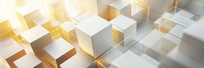 Poster - Multiple cubes of different sizes and shades are interconnected by diagonal lines, forming a captivating abstract composition on a light backdrop. Generative AI