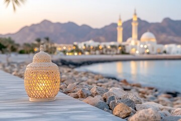 A decorative lantern by the water with a mosque in the background.