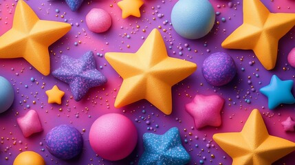 Poster - Vibrant stars and colorful spheres create a playful pattern on a bold pink and purple background