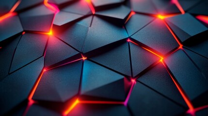 Poster - A series of interlocking geometric shapes on a dark background are highlighted with glowing red and blue lights, giving a modern, high-tech feel to the design.