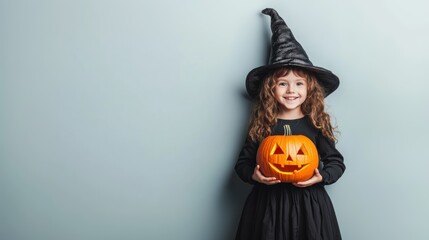 Small child dressed in witch costume with pumpkin in Halloween.